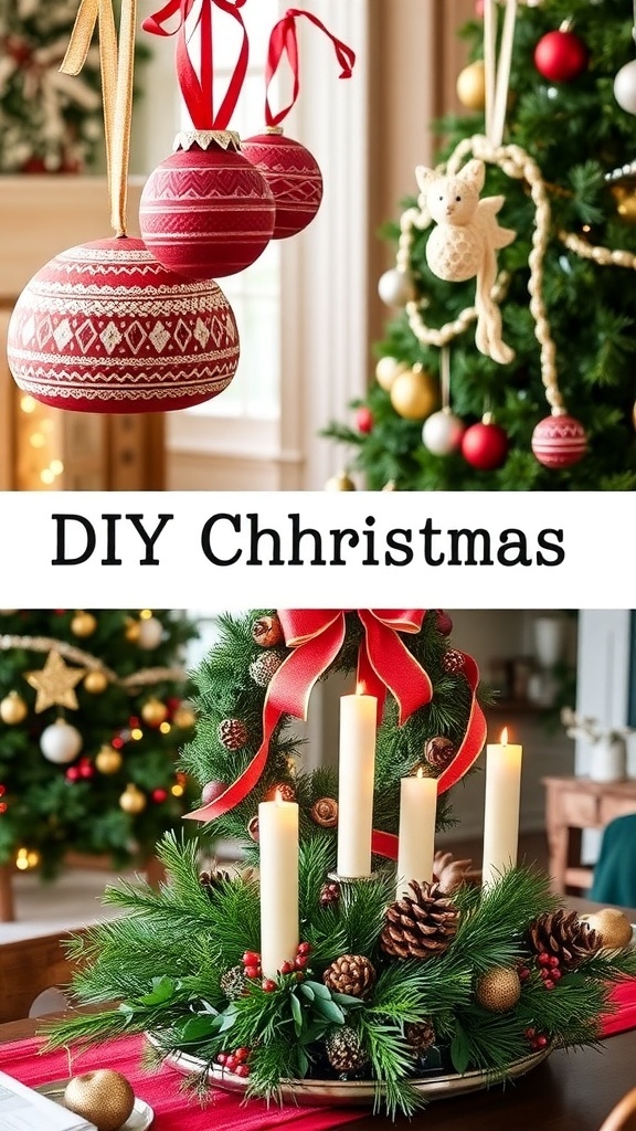 A collection of DIY Christmas decorations including ornaments, a wreath, and a festive table centerpiece.